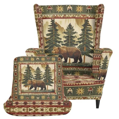 Wild Bear Pine Wingback Chair Cover - Rustic Retro Stretch Armchair Slipcover