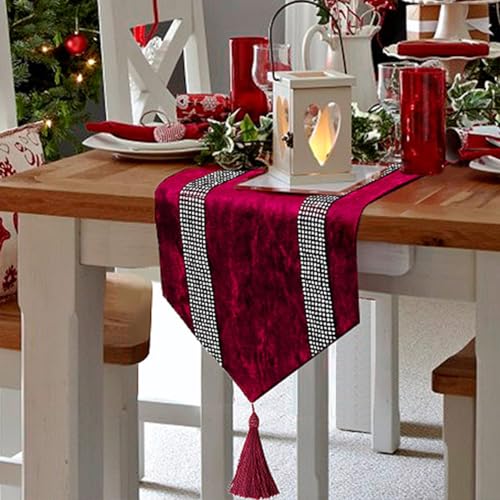 Burgundy Sequin Velvet Table Runner 13x98 Inches for Holiday & Party Decor