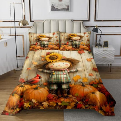 Manfei Fall Kids Bedspread Set Queen Size Pumpkin Maple Leaf Coverlet with Pillowcases - Orange Brown