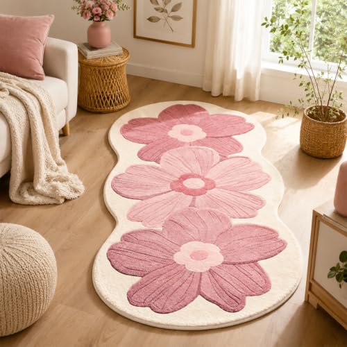 Pink Flower Bath Mat - 19x47 Inch Non-Slip Water-Absorbent Rug for Bathroom & Bedroom (Pink-C)