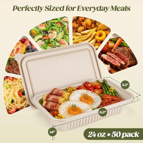 Glotoch 50 Pack 24oz Disposable Meal Prep Containers with Lids - Plant-Based, Leakproof, Microwave & Freezer Safe