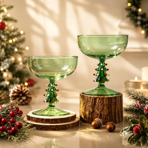 2 Pack Christmas Tree Coupe Glasses Hand Blown Cocktail Martini Glasses