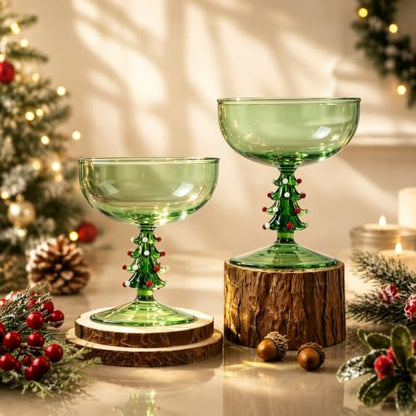 2 Pack Christmas Tree Coupe Glasses Hand Blown Cocktail Martini Glasses