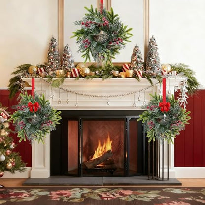 6 Pack Mini Christmas Wreaths 9.8 Inch with Ribbons for Cabinets & Decor – Holiday Faux Wreath Set