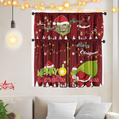 Christmas Curtain Valances Set - Red, 3-Piece Holiday Kitchen Window Decor