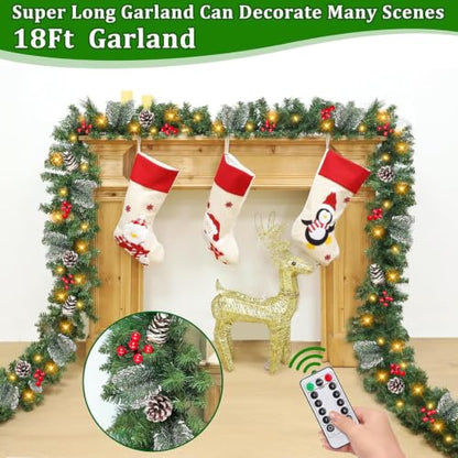 18 Ft Prelit Christmas Garland with 340 Tips & 100 LEDs for Indoor Outdoor Holiday Decor