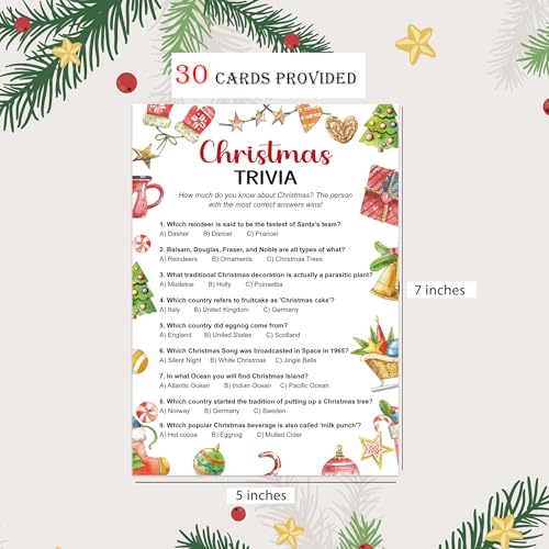 Christmas Trivia Game Pack of 30 Cards - Holiday Party Fun for Family & Adults