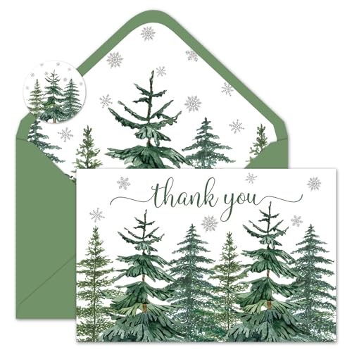 Christmas Thank You Cards Set with Envelopes & Stickers - Watercolor Pine Forest, 4x6 Inches