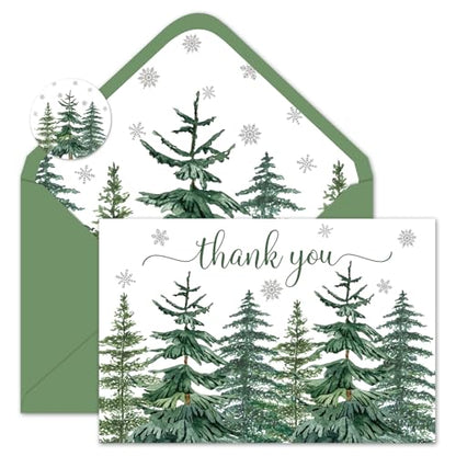 Christmas Thank You Cards Set with Envelopes & Stickers - Watercolor Pine Forest, 4x6 Inches