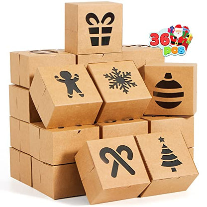 Brown Christmas Cookie Gift Boxes - 36 Pack with Window, 4x4x2.5 Inches