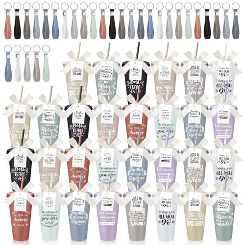 Classic 30-Piece Employee Appreciation Gift Set with Reusable 24 oz Tumblers, Straws, Keychains & Cards