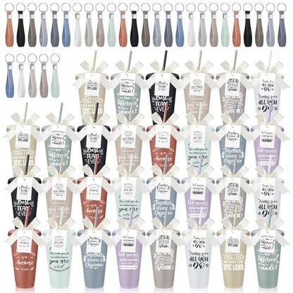 Classic 30-Piece Employee Appreciation Gift Set with Reusable 24 oz Tumblers, Straws, Keychains & Cards