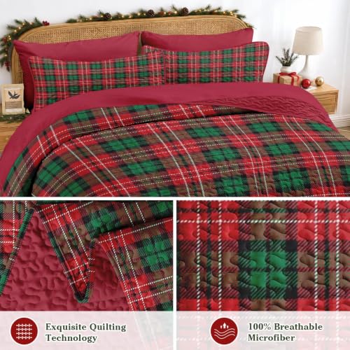 Queen Christmas Quilt Set with Plaid Pattern - 7 Pieces Red Green Bedding - Holiday Bedspread