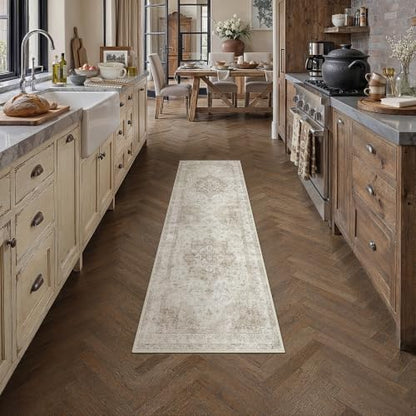 Farmhouse Beige Neutral Runner Rug 2x6 Feet - Non-Slip, Machine Washable