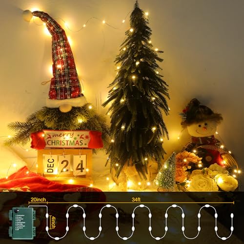 LED Fairy Lights 34Ft Battery Operated 100 Micro LEDs 8 Modes with Timer - Dark Green Copper & Warm White - Variation of 100 LED