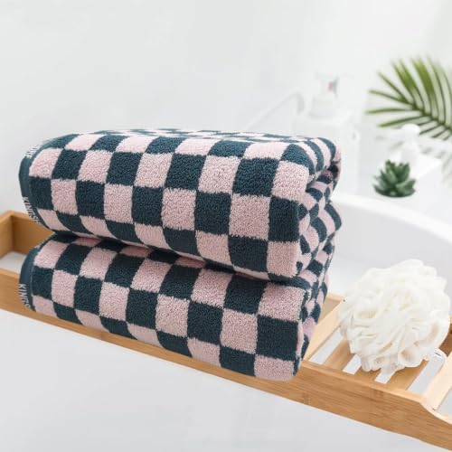 Pink Checkered Bath Towels Set of 2 - 27.5 x 55.1 Inch Cotton Spa & Beach Towels