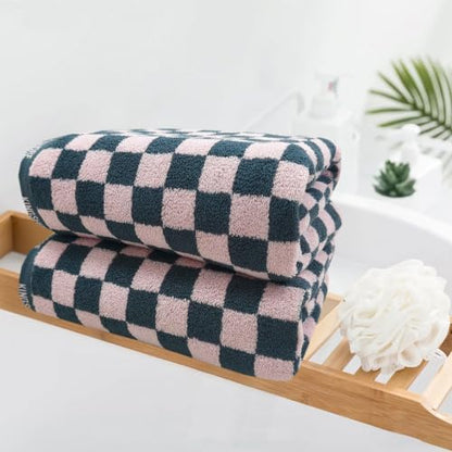 Pink Checkered Bath Towels Set of 2 - 27.5 x 55.1 Inch Cotton Spa & Beach Towels
