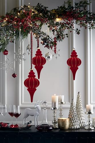 Velvet Christmas Ball Ornaments Set of 2 - 10 Inch Red Finial Finery with Gold Glitter