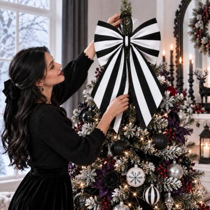 Black and White Striped Christmas Tree Topper Bow - 22 x 12.5 Inch, Satin, Holiday Decor, Variation: Stripe