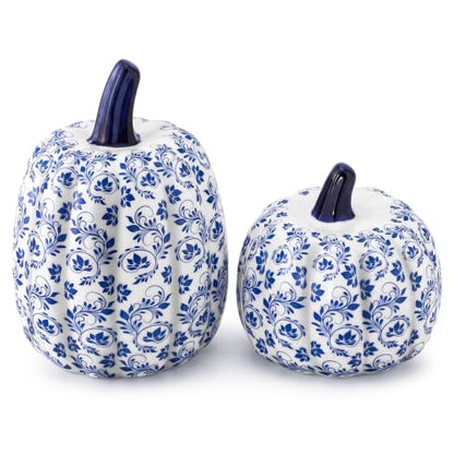 Set of 2 Blue and White Ceramic Pumpkin Decor for Thanksgiving - Chinoiserie Style