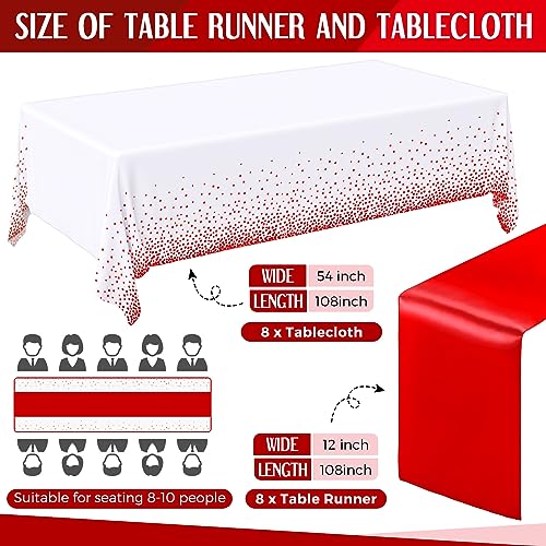 Tudomro 16 Pack White and Red Plastic Tablecloths with Satin Runners Set - Wedding Party Decor