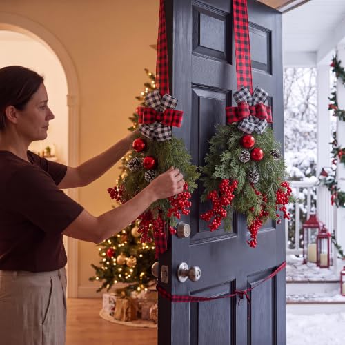 Christmas Teardrop Door Swag Wreath with Buffalo Plaid Bow - Holiday Decor