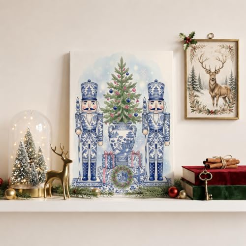 Chinoiserie Nutcracker Holiday Canvas Wall Art 12x8 Blue & White Decor