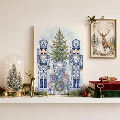 Chinoiserie Nutcracker Holiday Canvas Wall Art 12x8 Blue & White Decor