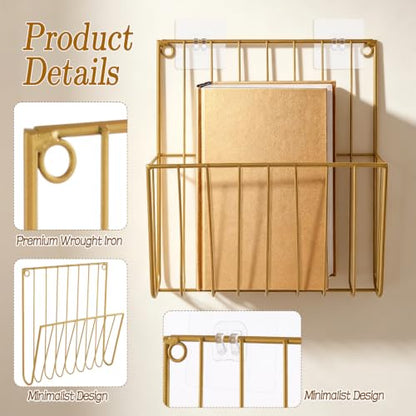Wall Mounted Magazine Rack Set - Gold Wall Document Organizer, 4 Pieces