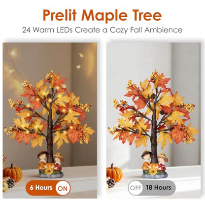 20 Inch Pre-Lit Fall Maple Tree with Pinecone - Battery Operated Autumn Decor with Timer