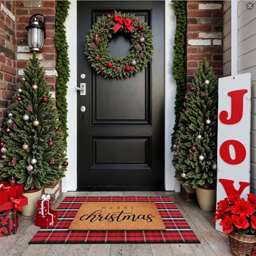 Christmas Door Mat 28x43 Buffalo Plaid Cotton Washable Rug - Red & Black Variation