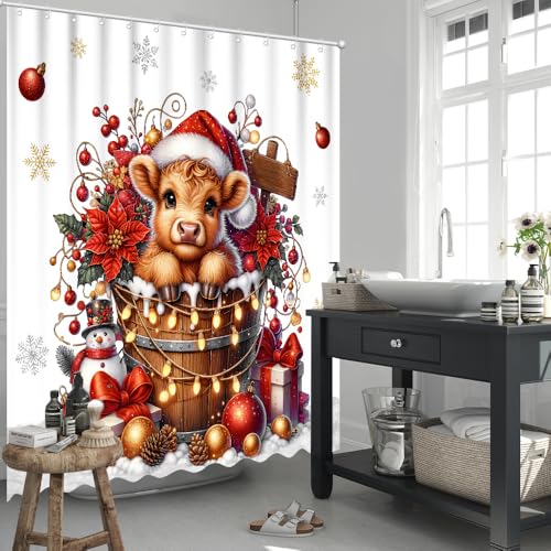 Christmas Highland Cow Shower Curtain 72x72 Inches with Hooks - Rustic Farmhouse Bathroom Decor