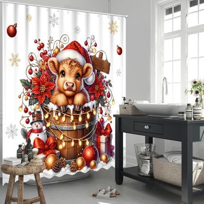 Christmas Highland Cow Shower Curtain 72x72 Inches with Hooks - Rustic Farmhouse Bathroom Decor