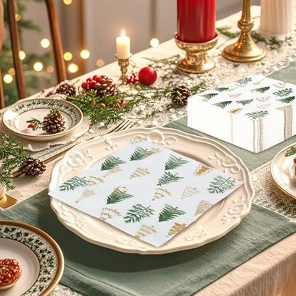 Christmas Tree Paper Napkins with Gold Glitter Trees - 100 Pcs, 6.5in - Xmas Trees