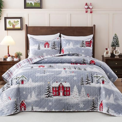 AtawLege 3-Piece Christmas Quilts King Size Grey Tree Bedding Set