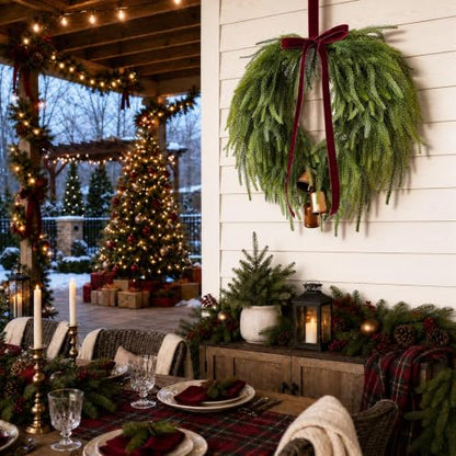 24 Inch Christmas Wreath with Burgundy Bow Bells for Front Door - Red
