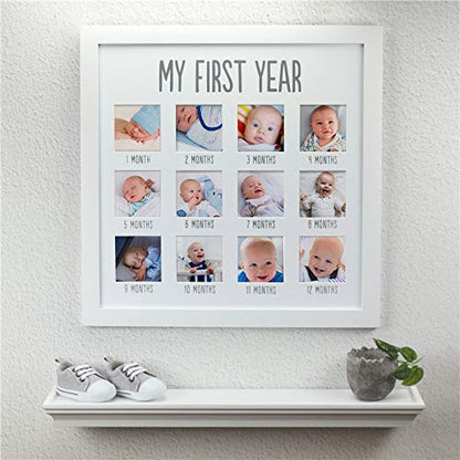 Pearhead My First Year Photo Moments Baby Keepsake Picture Frame, Baby's First Year Photo Frame, Gender-Neutral Baby Milestone Nursery Decor, White and Gray