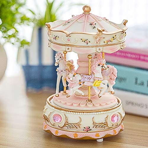 Pink Carousel Music Box for Girls, Rotating Horses with LED Light, 5.9 in