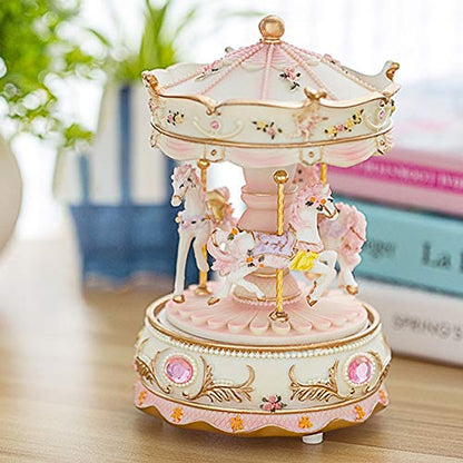 Pink Carousel Music Box for Girls, Rotating Horses with LED Light, 5.9 in
