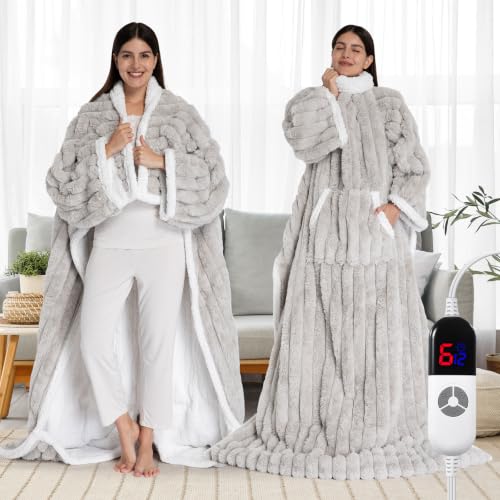 PROALLER Light Grey Wearable Heated Blanket with Foot Pocket, Faux Fur & Sherpa Fleece 52x72 Inches