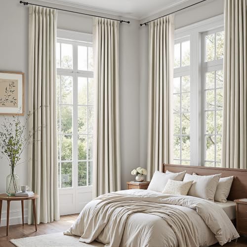 Blackout Linen Pinch Pleated Curtain 132 Inch Long - Natural Cream, 40" W x 132" L