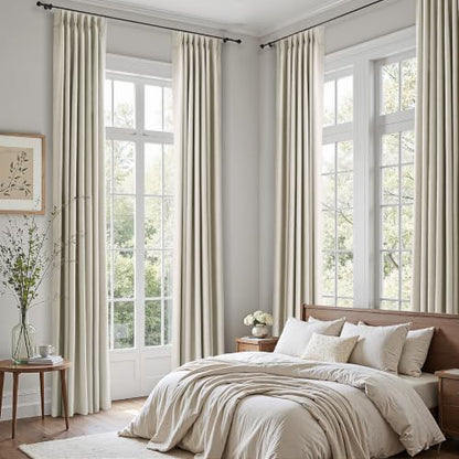 Blackout Linen Pinch Pleated Curtain 132 Inch Long - Natural Cream, 40" W x 132" L