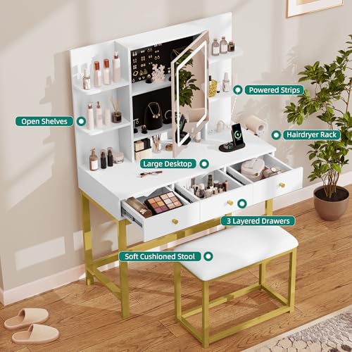 Vanity Desk Set with Mirror, Lights & Outlets - Ivory White