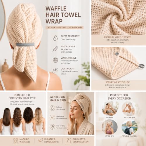 Hair Towel Wrap for Women - Microfiber Waffle Weave, Quick Dry, Cream