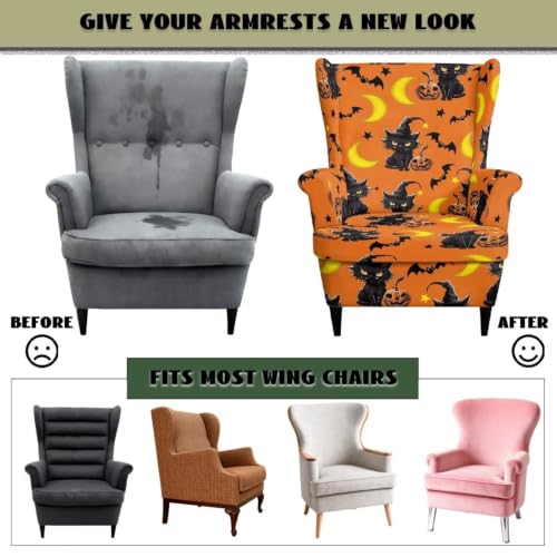 Cat Pumpkin Armchair Slipcover for Wingback Chairs - 2 Piece Set