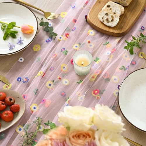 Pink Embroidery Daisy Gauze Table Runner 59x120 Inch - Artoid Mode