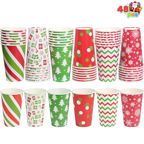 Retro Christmas Disposable Cups Set with Lids & Sleeves - 48 Pack, 16 oz Holiday Drinkware
