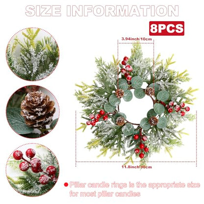 Christmas Candle Rings Wreath Set - 8 Small Artificial Red Berry Pinecones Norfolk Pine Holiday Decor