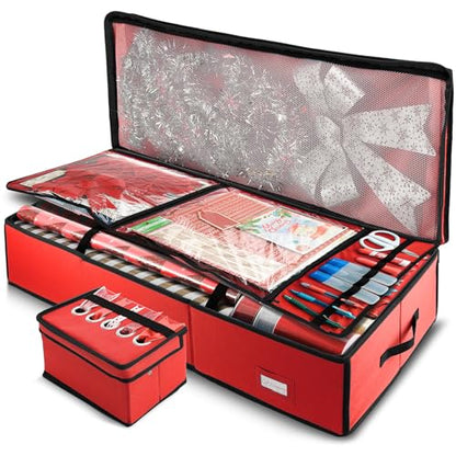 Red Large Gift Wrap Storage Container with Ribbon Dispenser and Pockets