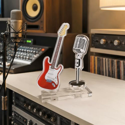 Red Acrylic Guitar and Microphone Desktop Ornament - Music Decor Stand